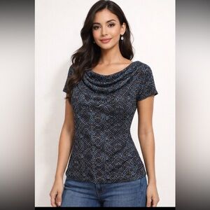 A Line Black Geometric Cowl Neck Blouse — Size S